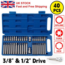 40 delers sekskant-Torx-bitssett, 3/8" og 1/2" lang og kort unbrakonøkkel