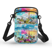 Kleurrijke crossbodytas met huisje- en kokosboommotief en dubbele laag, ideaal voor dagelijks gebruik tijdens buitenactiviteiten, reizen en andere