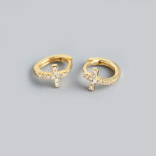 925 Sterling Silver CZ Cross Huggie Hoop Earrings Small