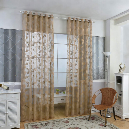 Minimalist Leaf Knitted Sheer Curtains Coffee 98x39in
