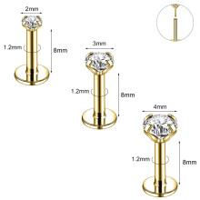 3 kpl/erä työnnettäviä huulinappeja ruostumattomasta teräksestä valmistettuja helix-korvakoruja, CZ labret -huulilävistyksiä - kultaa - 8 mm