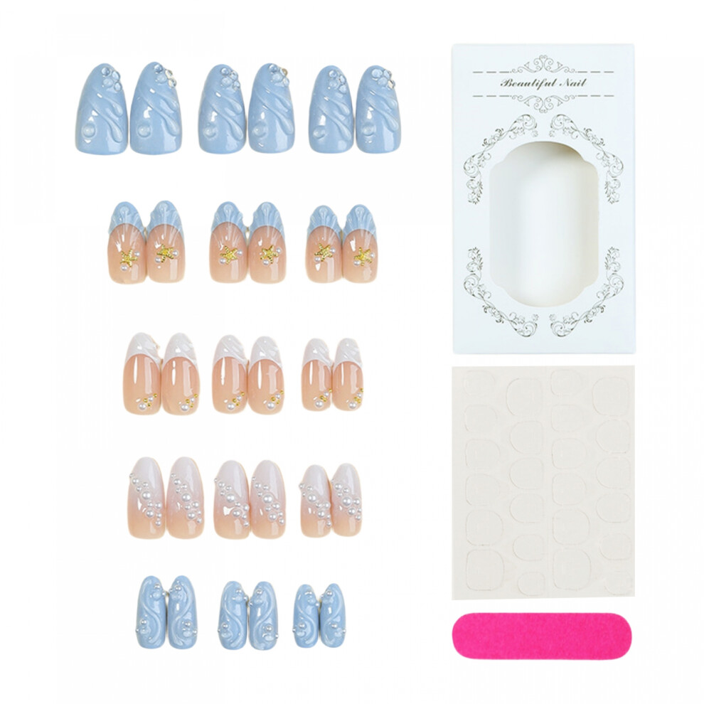 (30pcs, Multi-color) Almond Shaped Press on Nails 30Pcs Fake Nails Glue On Nails with 3D Ocean Design, Easy to Alppy