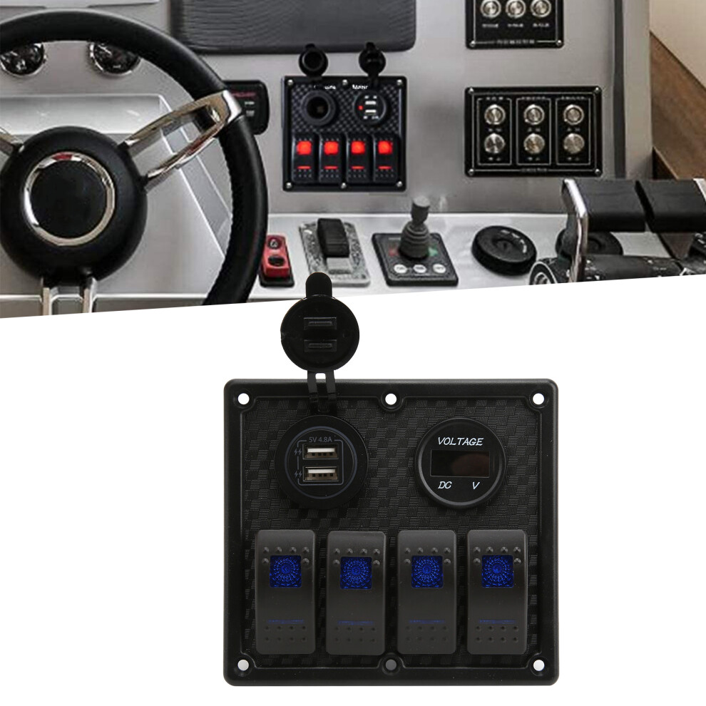 4 Gang Rocker Switch Panel With Volt & Dual Usb 4.8A For Car Rv Yacht Blue 6921390699879