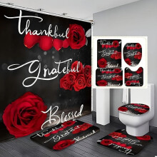 Red Rose Bath Set: Water-Resistant Shower Curtain with Hooks, Non-Slip Mat, U-Shaped Toilet Cushion & Cover