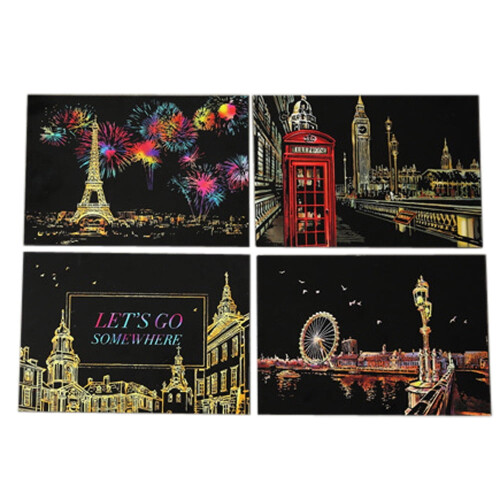 Magic Scratch Art Paper with Drawing Stick 4 Pieces 20x14cm