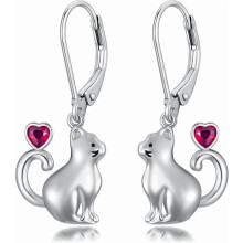 Cat Earrings for Women 925 Sterling Silver Cute Cat with Red Heart Dangle Earrings