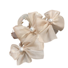 Xinwanna Hair Claw Clip with Bowknot & Faux Pearls, Strong Hold, Non-Slip, Light Khaki – Compatible with All Hair Types