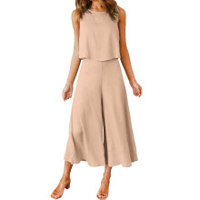 Women's Khaki 2-Piece Lounge Set: Sleeveless O-Neck Tank + Wide-Leg Pants, Pocket Design – Compatible with Summer Wear