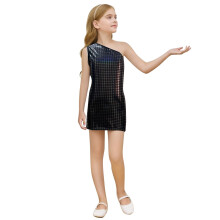 AWZXDE Girls Dresses 2025 Fashion Square Sequin Print Sleeveless Dress Round Neck Asymmetric Hem Party Casual Summer Outfit Black,9-10Years