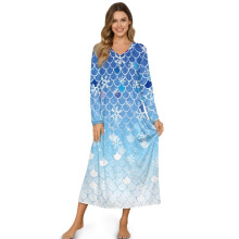 Camisola feminina com botões frontais, manga comprida, estampa sereia em degradê azul, tamanho 2XL, ideal para usar em casa e dormir.