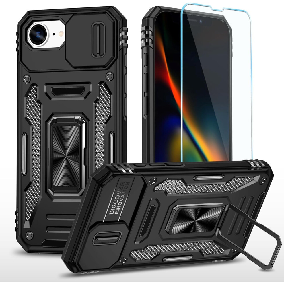 Compatible With Iphone 16E Case: Hd Screen Protector, Slide Camera Cover, Rotated Ring Kickstand, Military-Grade 9028731918334