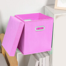 FAMTKT Fabric Storage Box - Foldable Cloth Organizer for Home & Car, 11"x11"x11", Pink, Secure Lid, Home Decor