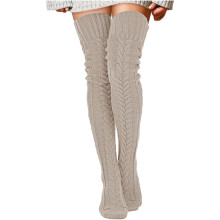 Women's Cable Knitted Thigh-High Socks, Extra Long Over-Knee Winter Stockings, Slouch Socks, Khaki, One Size, Compatible with All Leg Sizes