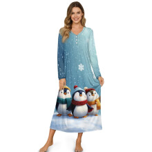 Camisola de manga comprida feminina, macia com botões frontais, aconchegante para o inverno – Estampa de pinguins e flocos de neve azuis, tamanho