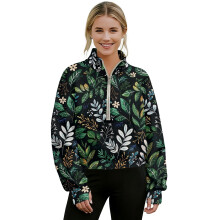 Blusa de moletom feminina com meio zíper, orifícios para os polegares, modelagem ampla, bolsos e estampa de folha – Verde/Preto, tamanho 2XL,