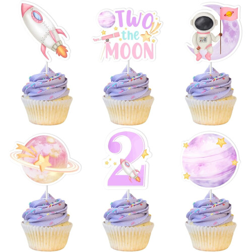Two The Moon Birthday Cupcake Toppers Pink Planet Rocket