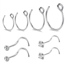 8 db-os szett, 20 g-os C alakú orrkarika piercing, kristályos orrlyuk piercing, dugóhúzó/csont/L alakú orr piercing