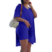 Nyári női szettek, lezser, plus size, kétrészes szettek, rövid ujjú, laza felsők, szűk, V-nyakú, motoros rövidnadrágok, szettek,