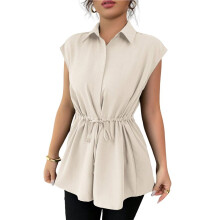 Damesblouses met Knoopsluiting, Casual Peplum Zomertopjes, Elegante Chiffon Werkblouse Abrikooskleur M