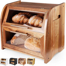 Stylish Acacia Extra Large 2-shelf Wooden Bread for Box Kitchen Countertop Bread Storage Extra Large
