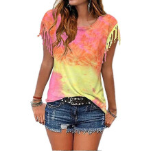 (S,Orange)KINCJON Women Fashion Tie Dye Tassel Short Sleeve T-shirt Top Round Neck Rainbow Colorful T-shirt