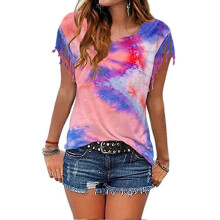 (M,Purplish Blue)KINCJON Women Fashion Tie Dye Tassel Short Sleeve T-shirt Top Round Neck Rainbow Colorful T-shirt