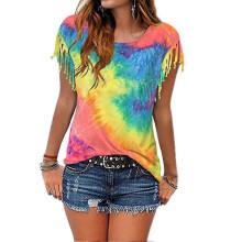 (M,Blue)KINCJON Women Fashion Tie Dye Tassel Short Sleeve T-shirt Top Round Neck Rainbow Colorful T-shirt