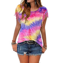 (S,Purple)KINCJON Women Fashion Tie Dye Tassel Short Sleeve T-shirt Top Round Neck Rainbow Colorful T-shirt