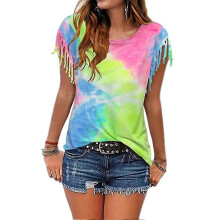 (2XL,Light Green)KINCJON Women Fashion Tie Dye Tassel Short Sleeve T-shirt Top Round Neck Rainbow Colorful T-shirt
