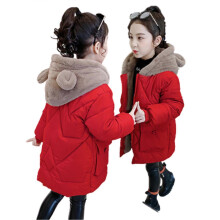 (140cm,Red)Bear Ear Hooded Coats For Girl Cotton Padded Mid-length Winter Coat For Kids Girls Travelling Camping