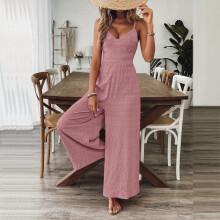 Damejumpsuit med V-hals, ærmeløs, vide ben, justerbare stropper og butterfly bagpå, forår/sommer, flagrende jumpsuit, lyserød, M