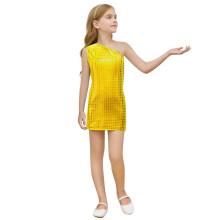 AWZXDE Girls Dresses 2025 Fashion Square Sequin Print Sleeveless Dress Round Neck Asymmetric Hem Party Casual Summer Outfit Gold,13-14Years