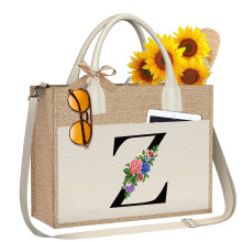 Plážová taška Initial Jute Tote pre ženy a dievčatá s vreckom na zips a nastaviteľným popruhom, personalizovaná, darček k narodeninám