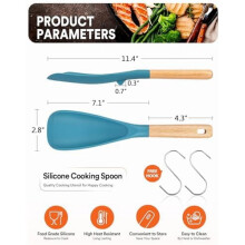 Nonstick Cooking Spoon, BPA-Free Matte Silicone with Wood Handle, for Mixing/Scooping/Scraping (Khaki & Turquoise, 11.4")