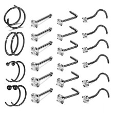 25 db-os 20 g-os orrkarika, CZ kristályos dugóhúzós orrkarika-készlet, rozsdamentes acél orrlyuk piercing, orrcsont/L alakú/orrdugóhúzó