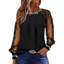 Blusa de malla con lentejuelas brillantes para mujer, cuello redondo, top de gasa con cuentas, túnica holgada, negra, 3XL – Compatible con ropa de