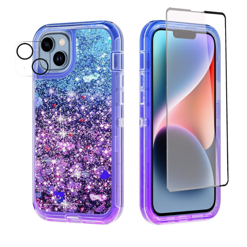 Compatible With Iphone 14 Plus: Bling Glitter Quicksand Clear Shockproof Case + Screen & Camera Protectors (6.7", +Purple) Blue/Purple 9028731081366