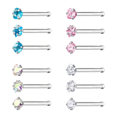 18 γρ. 12 τεμάχια/σετ. Piercing μύτης με σχήμα καρδιάς σε σχήμα αστεριού, στρογγυλό CZ,