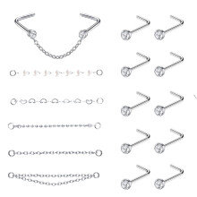 15 db-os orrlánc piercing szett, orron átívelő, kerek, kristályos, L alakú orrkarika piercing