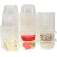 150 vasos de plástico de 2 oz con tapa, desechables, para preparar comidas, aderezos, chupitos de gelatina, soufflés y salsas para mojar.