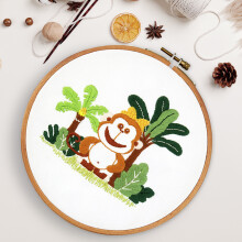 Blingpainting Embroidery Kit for Beginners: Spring Plants & Monkey Pattern, Hoop, Threads & Tools – Compatible with Standard Kits
