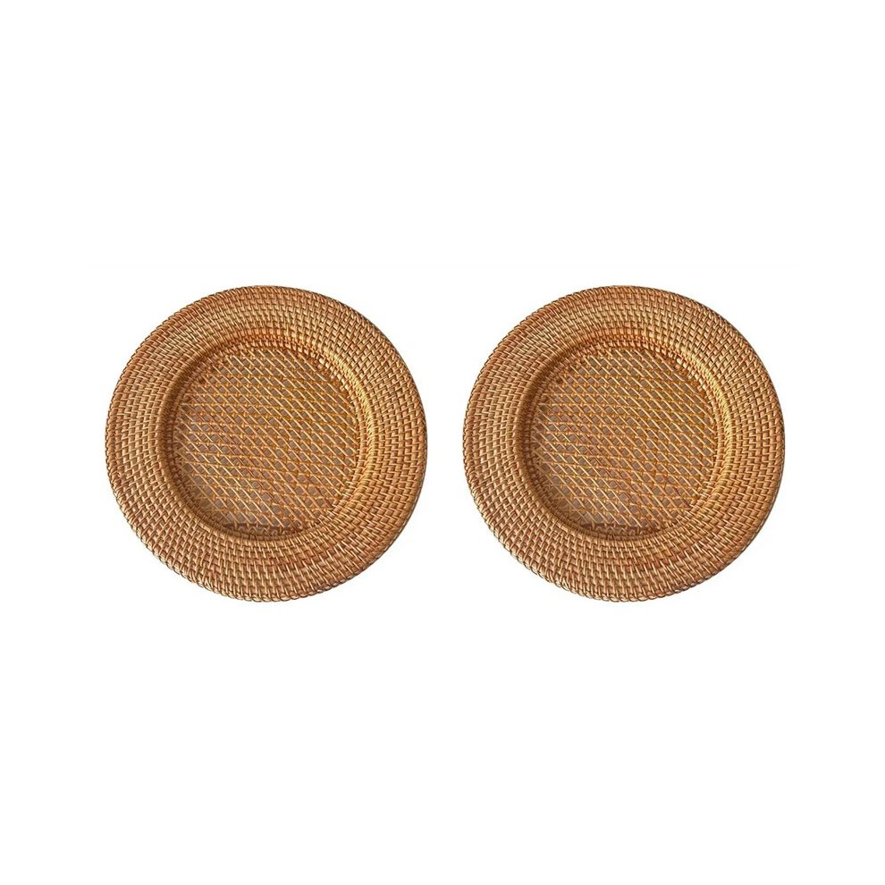 Brecantia 2Pcs 13 Inch Handmade Natural Rattan Plate Decorative Round Placemat Bread Snack Serving Tray Table Decor