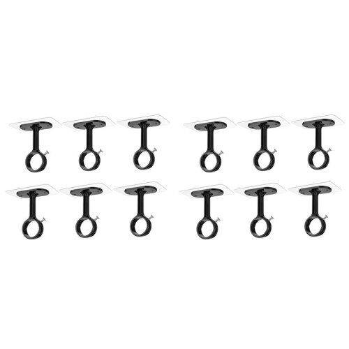 12 Pack No Drill Ceiling Mount Rod Brackets, Heavy Duty Self Adhesive Holders, Adjustable Hooks Hanging Black