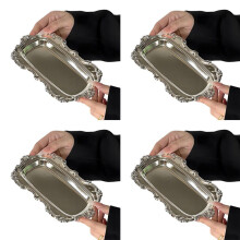 4X Vintage Embossed Stainless Steel Tray Serving Platter for Desserts Jewelry Storage Snack Plate for Dining Table Decor