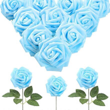 30pcs Baby Blue Artificial Roses with Stems, Foam Fake Flowers for DIY Wedding Bouquets, Baby Shower, Party Decor (Light Blue)