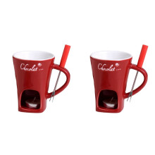 2X Fondue Mug Set Chocolate Cheese Milk Cream Making Set Single Butter Melter Baking Cup Candlestick Red
