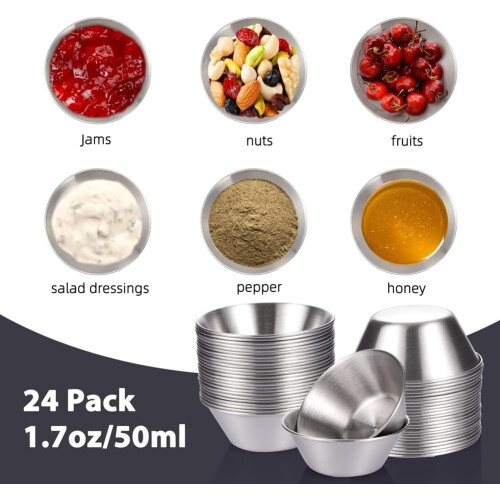 24 Pack Stainless Steel Sauce Cups 50ml Reusable Stackable Metal Condiment Containers for Portion Control 1