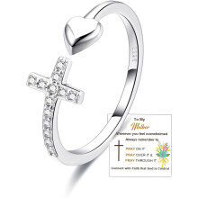 S925 Sterling Silver Adjustable Cross Ring for Women, Cubic Zirconia, Christian Thumb Ring with Inspirational Card – Compatible with S925