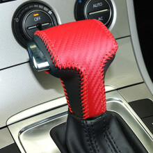 Genuine Leather Gear Shift Knob Cover for Volkswagen Passat 2007–2013, Waterproof, Red Carbon – Compatible with VW