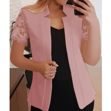Damen-Cardigan mit Spitzeneinsatz, kurzen Ärmeln und offener Vorderseite, lässiger einfarbiger Blazer für Büro und Freizeit, Größe L